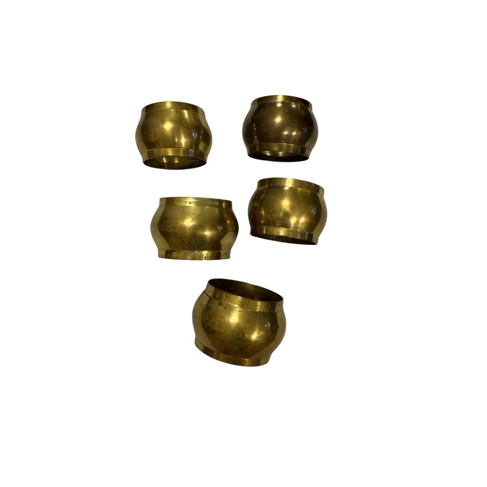 Vtg Solid BRASS Ribbed Edged SET OF 5 Round NAPKIN RINGS MCM Some Tarnish